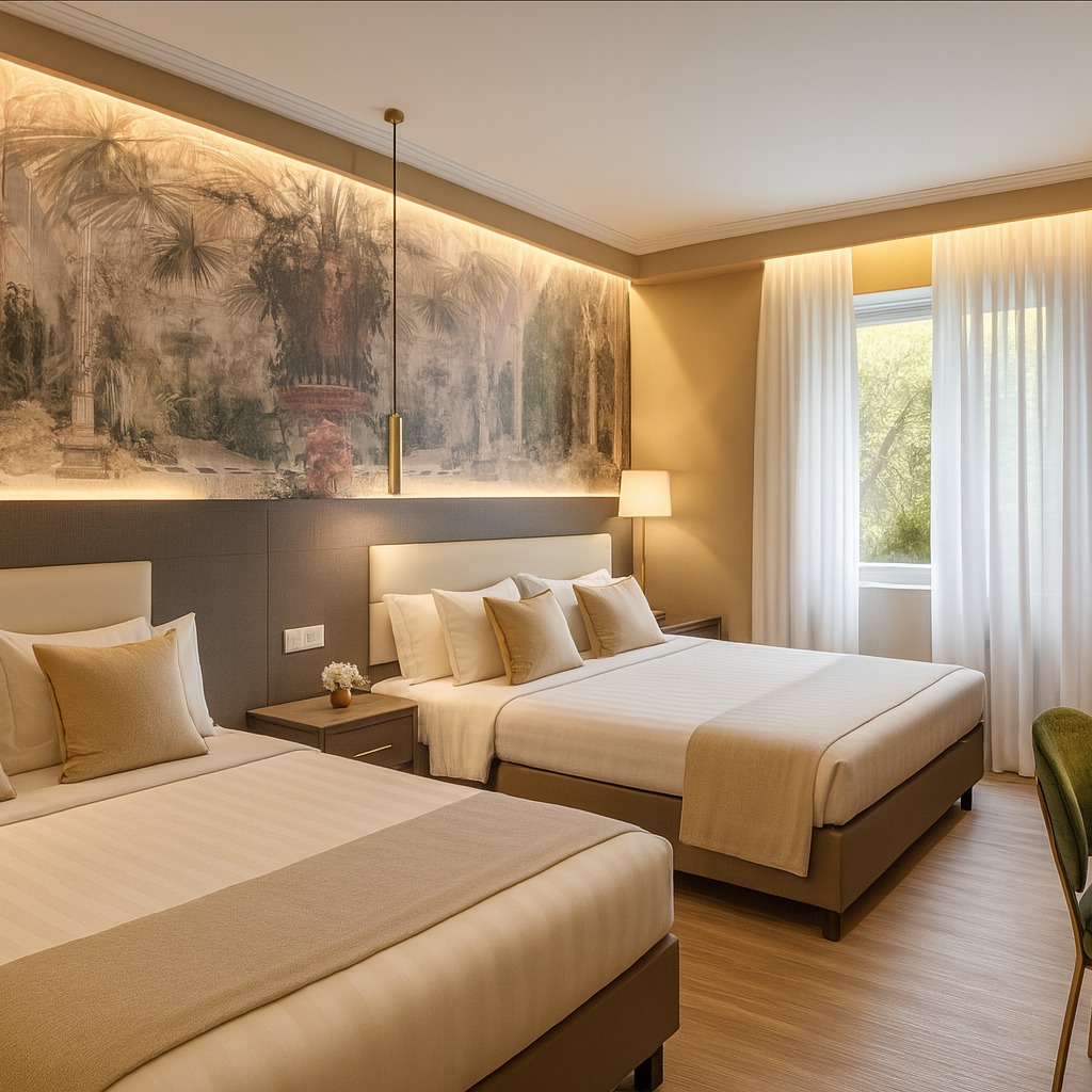 Un progetto firmato dal mio Atelier per un Hotel a Roma: camere doppie pensate come spazi avvolgenti, equilibrati, luminosi.

La carta da parati illuminata dall'alto e dal basso fa da quinta scenografica a una palette di tessuti naturali, ottone satinato legni caldi e tendaggi di lino.

Ogni dettaglio è stato curato per evocare silenzio, armonia e accoglienza.